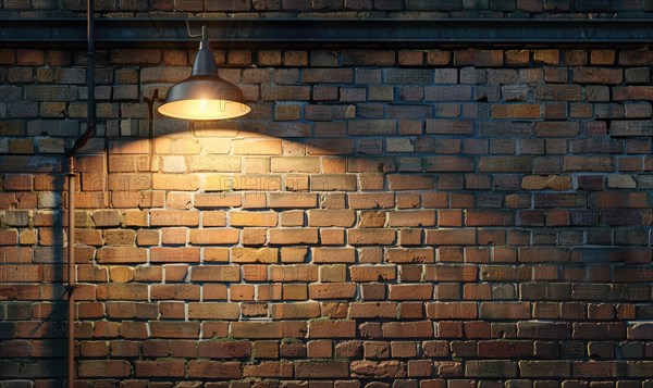 A street lamp casts a peaceful, warm light on a brick wall during the evening time AI generated