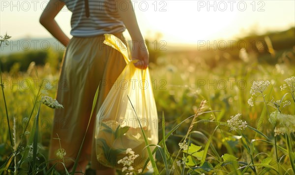 A person with a plastic garbage bag in his hands. Environment, ecological problems. AI generated