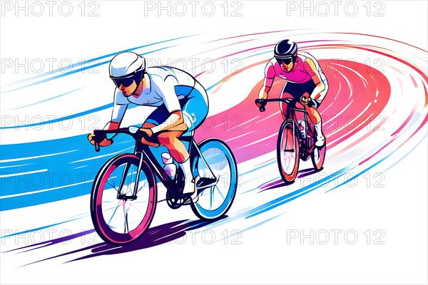 Cyclists in velodrome, color line art, AI generated