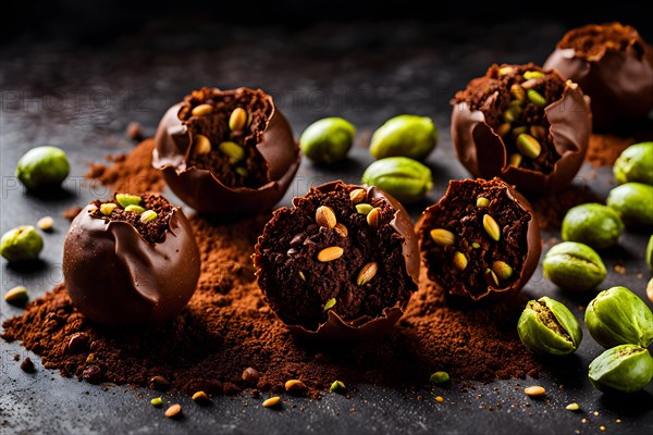 Vegan dark chocolate and almond truffles cocoa powder dusting nestled in crushed pistachios, AI generated