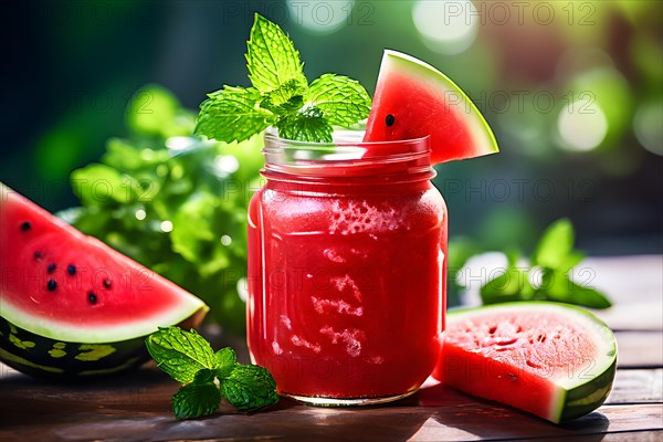 Refreshing watermelon and mint-smoothie housed in a mason jar, AI generated
