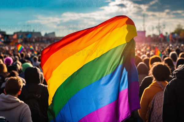 Many people with LGTB rainbow flag at parade or demonstration. KI generiert, generiert AI generated