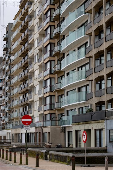 Modern residential buildings with balconies and traffic signs prohibiting entry, Blankenberge, Flanders, Belgium, Europe