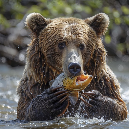 A brown bear hunts salmon in shallow clear water, AI generated