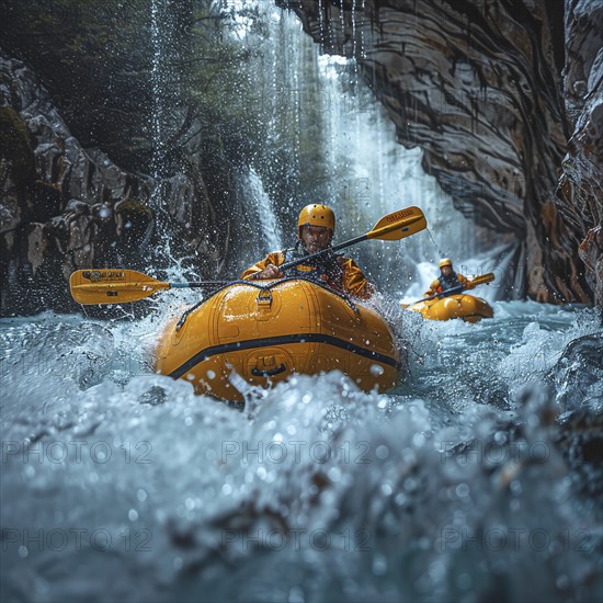 Whitewater riders ride boats through rapids, AI generated