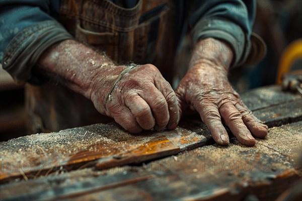 Close-up of a craftsman's hands working with wood covered in sawdust, AI generated