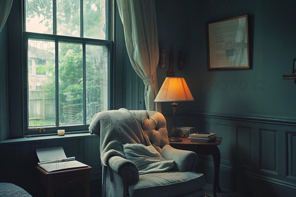 A cozy corner with a vintage chair and lamp by the window, teal walls surrounding the serene setting, AI generated