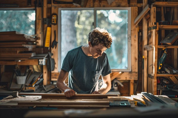 Young craftsman working on wood carefully in a shed with natural lighting from a window, AI generated