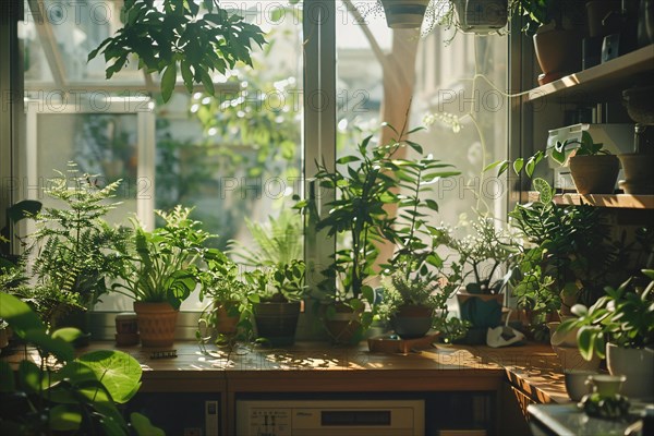 Abundant greenery floods the shelves of an indoor garden, sunlight streaming through creating a peaceful haven, AI generated