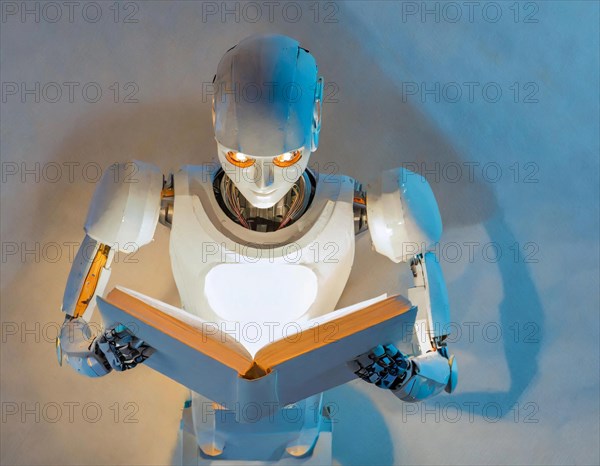 A robot with orange eyes reads a book, the light creates atmosphere and shadows, AI generates, AI generated