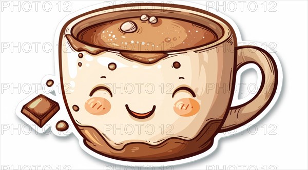 A smiling hot chocolate cup with whipped cream, depicted in a cute cartoon style, ai generated, AI generated