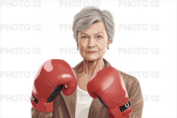 Illustration, an older woman with boxing gloves looks confidently and resolutely into the camera, symbolic image for self-defence at an advanced age, AI generated, AI generated, AI generated