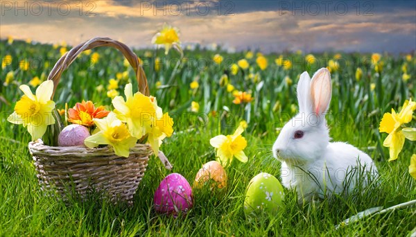 Ai generated, An Easter basket with coloured eggs in a meadow with colourful flowers, in the basket a white rabbit, symbolic picture Easter, animal children, dwarf rabbit