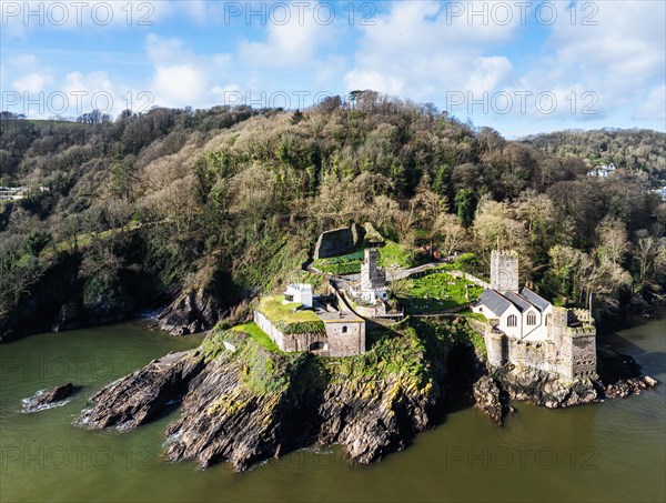 Dartmouth Castle over River Dart from a drone, Dartmouth, Kingswear, Devon, England, United Kingdom, Europe