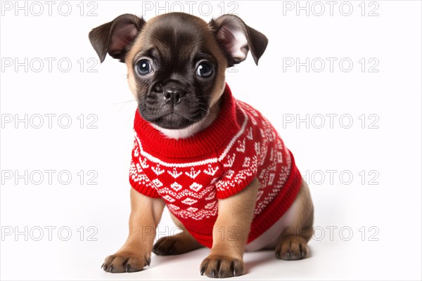 Cute small dog puppy with red knitted winter sweater on white studio background. rae dunn rice, AI generated