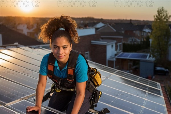 Cheerful worker on a rooftop at sunset fitting solar panels in a suburb, feminine power and rights concept, AI generated
