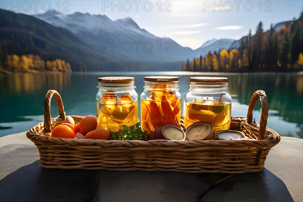 Woven basket filled with glass jars homemade hummus carrot sticks, AI generated