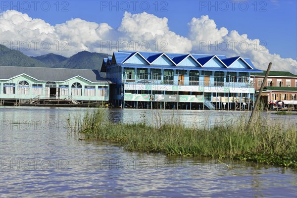 Colourful pile dwelling on the shore of a lake, Inle Lake, Myanmar, Asia