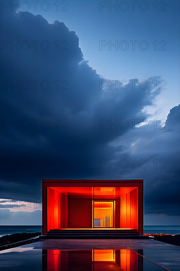 Architectural minimalism capturing intersecting yellow and red walls under a heavy cloudy sky, AI generated