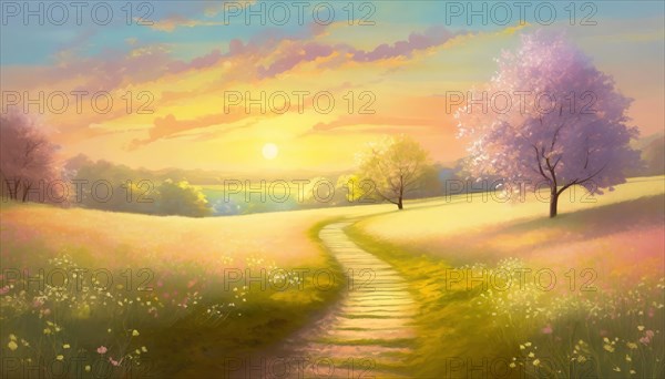 Beautiful springtime illustration in pastel colors. Footpath across a spring meadow with blooming trees. Picturesque countryside sunset scene. AI generated art