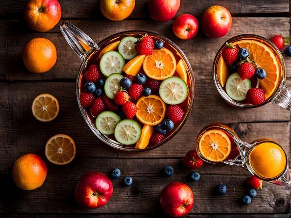 Homemade sangria pitcher brimming with sliced oranges lemons and apples, AI generated