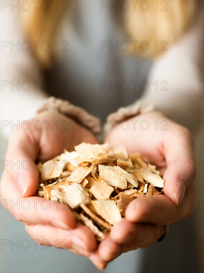 Holding woodchips in your hands, woodchips, renewable fuel, climate change, AI generated, AI generated