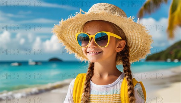 KI generated, An 8 year old blonde girl with sunglasses and a straw hat is on holiday on the beach in the Caribbean
