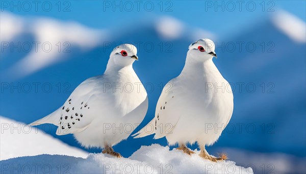 KI generated, A rock ptarmigan foraging in winter, white plumage, (Lagos muta), pheasants