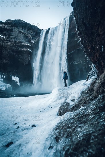 Silhouette of woman in winter in Iceland under the Skogafoss waterfall with temperatures of 20 below zero. With the ground frozen with ice