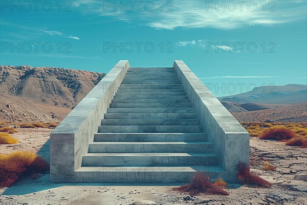 Isolated staircase with geometric shapes, surrounded by desert vegetation under a clear sky, AI generated
