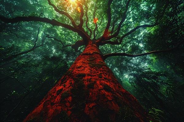 Sunlight filters through the canopy onto the red bark of a towering forest tree, AI generated