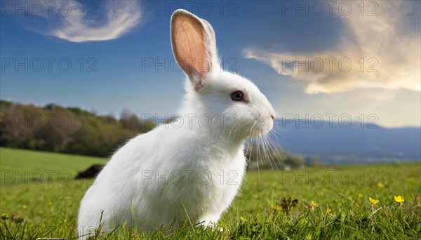 KI generated, A white dwarf rabbit in a meadow in summer, side view, (Brachylagus idahoensis)