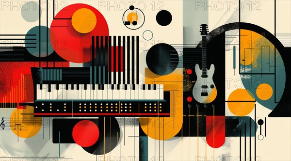 Abstract composition with musical instruments and geometric shapes in a colorful setting, ai generated, AI generated