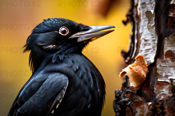 Black woodpecker in mid action pecking a birch tree, AI generated