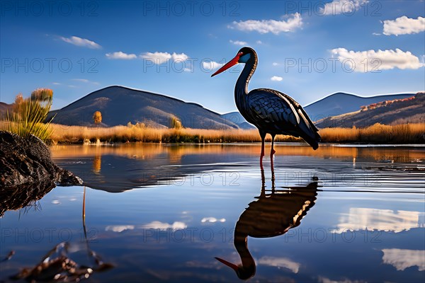 Black stork standing still in calm water reflection mirrored, AI generated