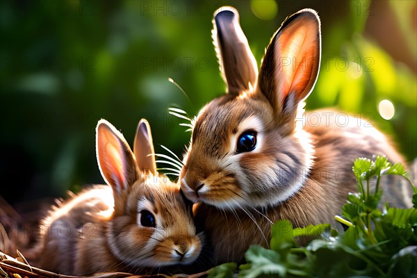 European rabbit and its offspring snuggling, AI generated