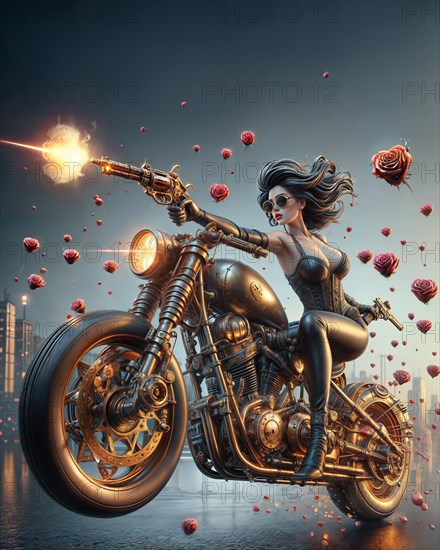 A woman on a motorcycle creates sparks as she rides through an urban landscape dotted with roses, AI generated