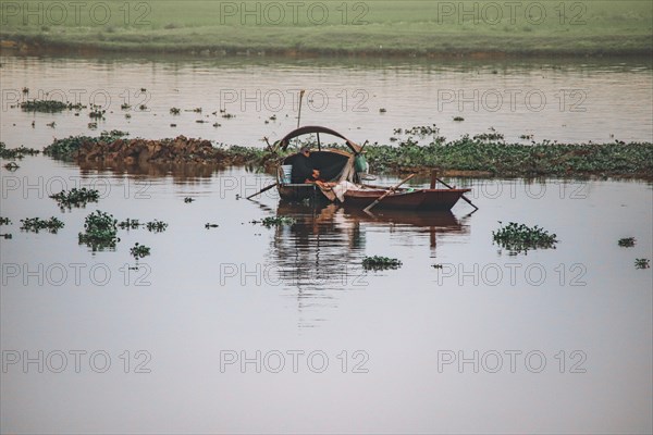 A serene scene with a lone boat on a calm river amidst greenery, Ninh Binh, Vietnam, Asia