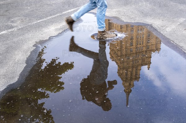 Riga. Latvian Academy of Science. Reflection in a puddle, Riga, Latvia, Europe