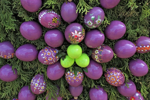 Detail of an Easter fountain in Franconian Switzerland, Bamberg district, Upper Franconia, Germany, many colourful blown-out and dyed eggs as decoration, Easter custom, Europe