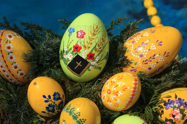 Detail of an Easter fountain in Franconian Switzerland, Bamberg district, Upper Franconia, Germany, many colourful blown-out and dyed eggs as decoration, Easter custom, Europe