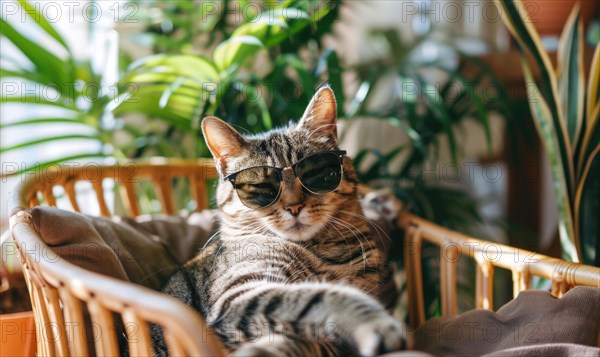 Tabby cat enjoys a lazy moment in a wicker chair, wearing black sunglasses AI generated