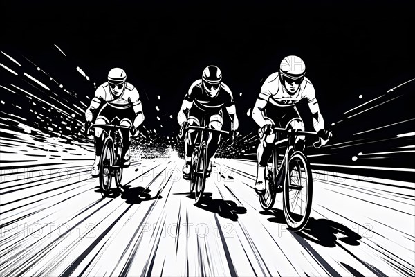 Line art black and white cyclist in velodrome, AI generated