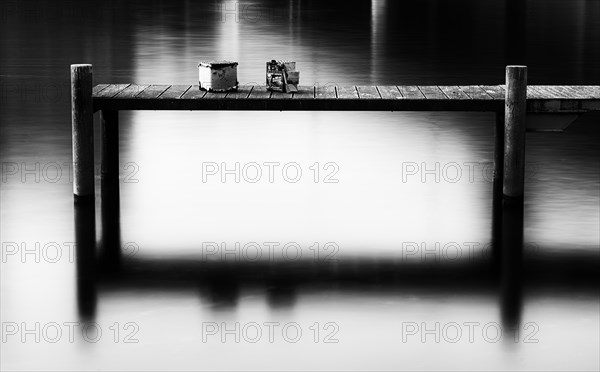 Long exposure, small jetty in the north harbour, Spree in Berlin, Germany, Europe