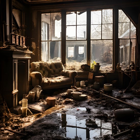 Interior of a flooded home furniture and personal items drenched, AI generated