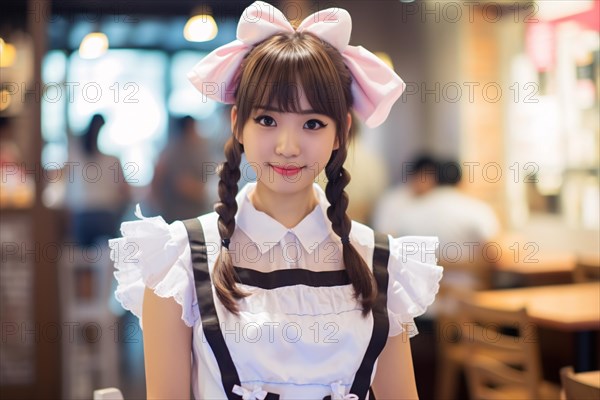 Young Asian woman with pink, white and black Maid costume in japanese maid cafe. KI generiert, generiert AI generated