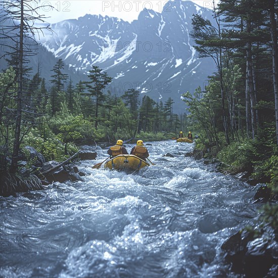 Whitewater riders ride boats through rapids, AI generated