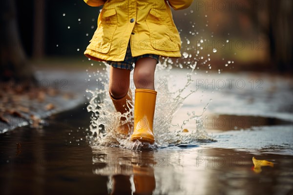 Girl child's feet in yellow rain rubber boots running trhough water puddle. KI generiert, generiert AI generated