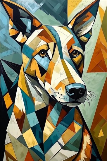 Polygonal geometric styled portrait of a dog with a range of earth tones, vertical aspect, AI generated
