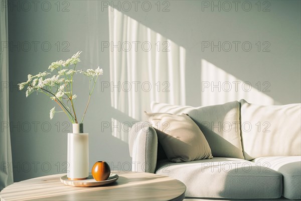 A tranquil corner with a sofa, a vase of flowers casting soft shadows on the wall, AI generated